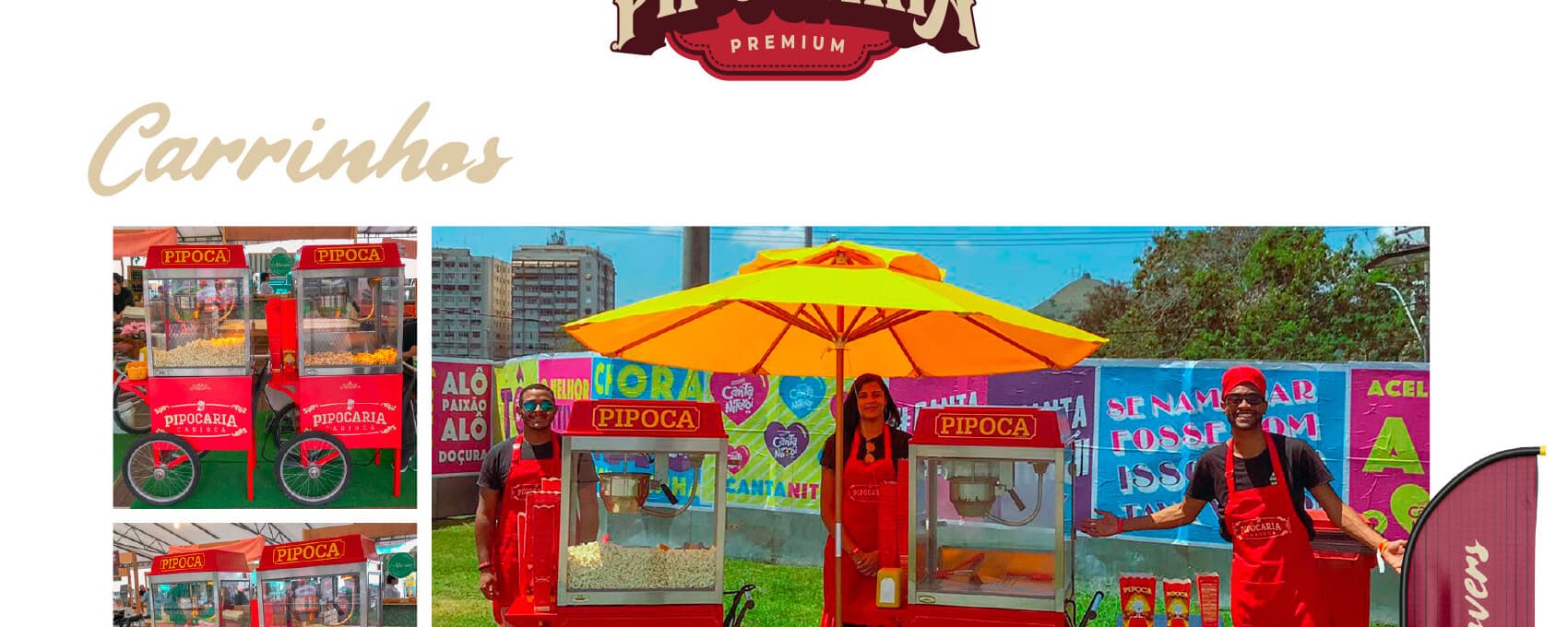 Equipe Pipocaria Premium com carrinhos sob guarda-sol amarelo em evento real