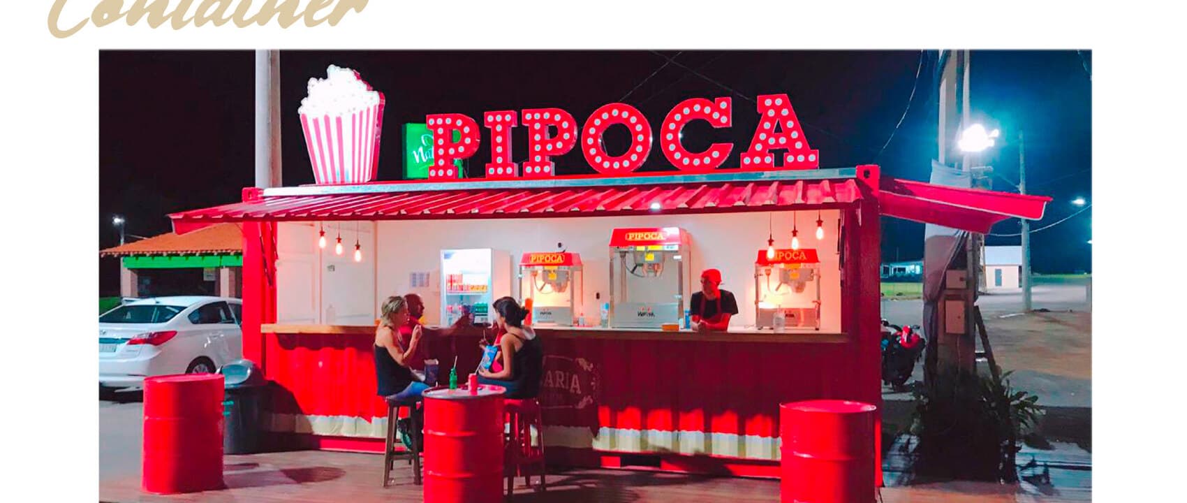 Container Pipocaria Premium com letreiro PIPOCA em luzes neon estilo carnival